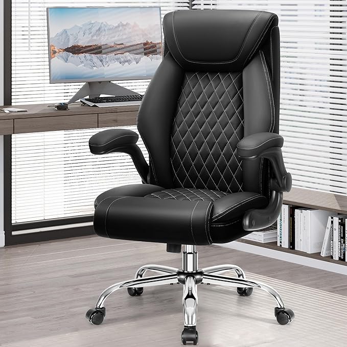 Office Chair, Ergonomic High Back Home Office Desk Chair, Big and Tall Breathable Leather Office Chair with Lumbar Support Flip-Up Armrests, Computer Gaming Chair with Rocking Function