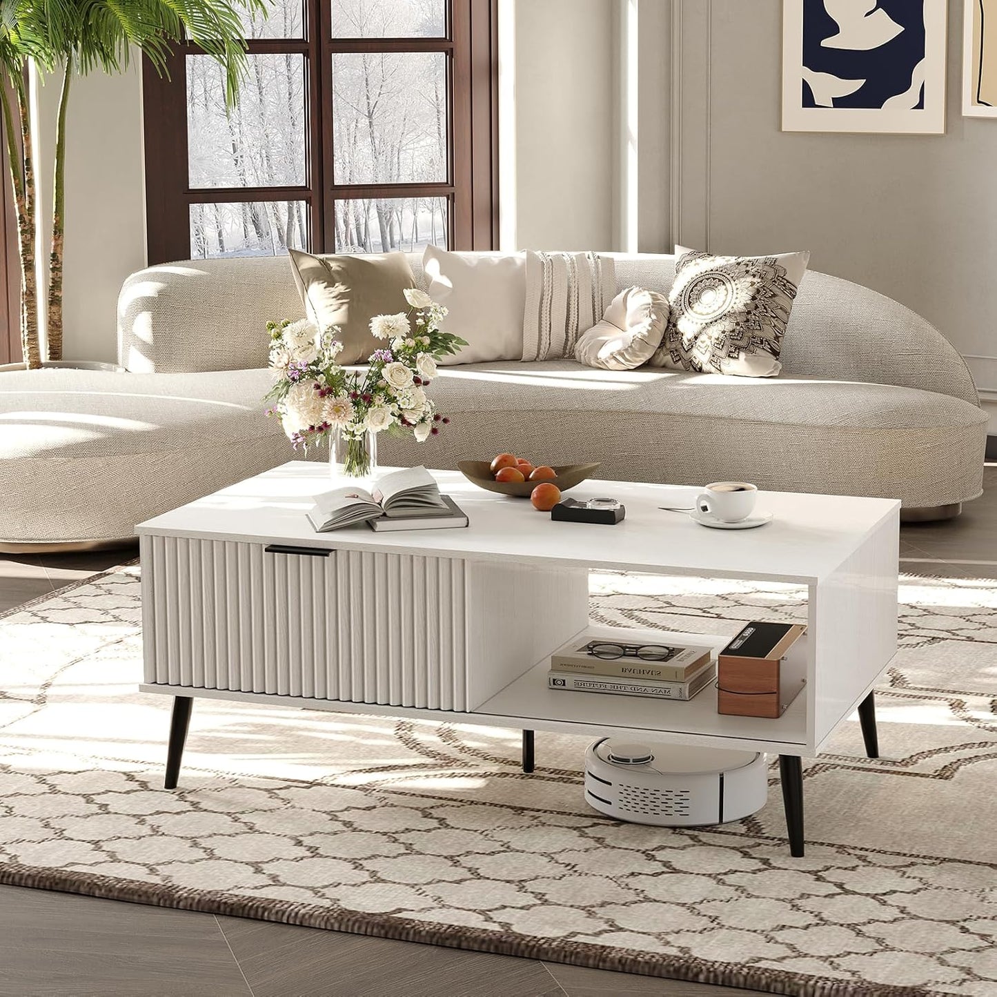 41.34''D Coffee Table, 2-Tiers Farmhouse Coffee Tables With Storage and Sliding Wave Pattern Door, Modren Tea Table, Wooden Dining Center Tables for Living Room, Office, Bedroom, Outdoors, White