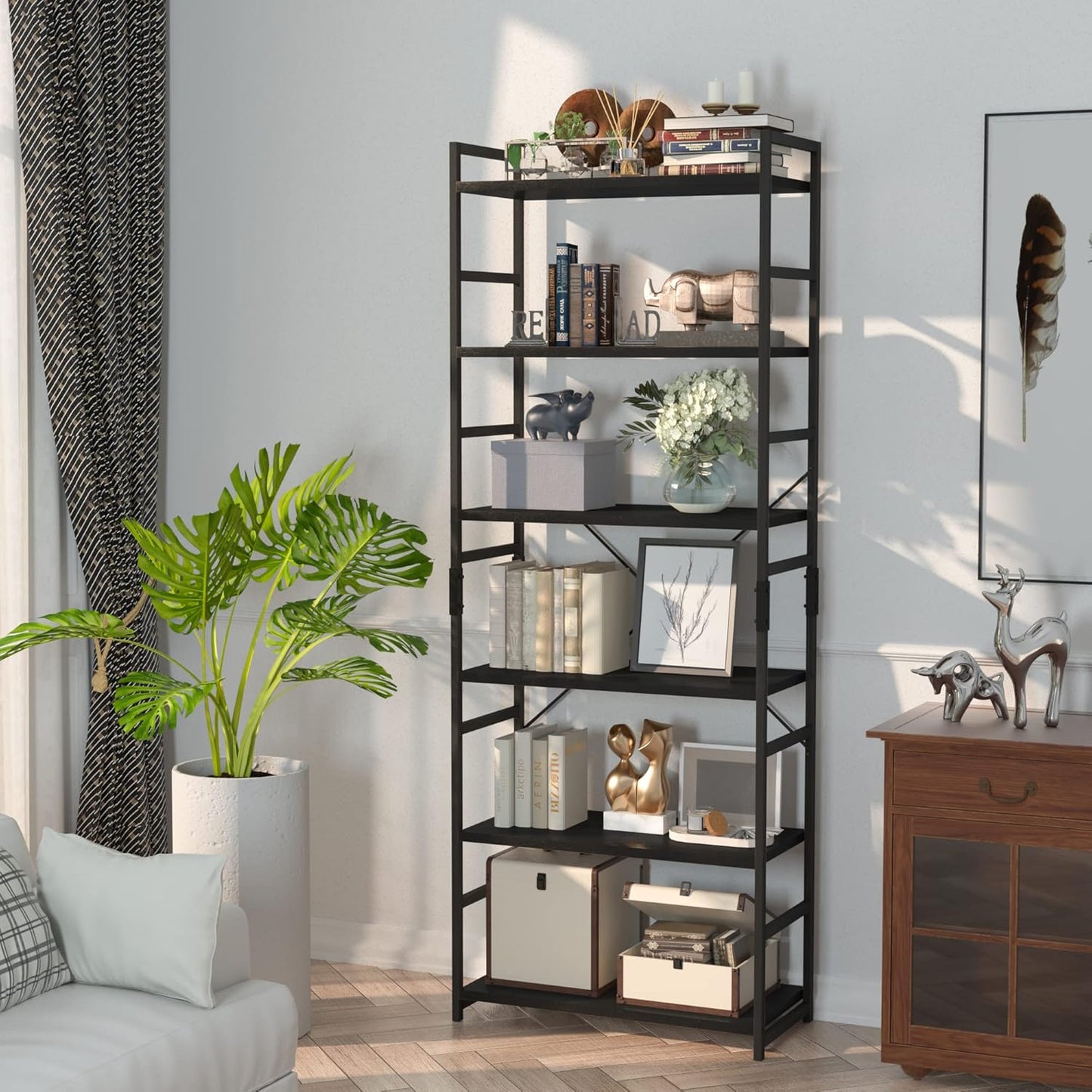 NUMENN 6 Tier Bookshelf, Tall Bookcase Shelf Storage Organizer, Modern Book Shelf for Bedroom, Living Room and Home Office, Black