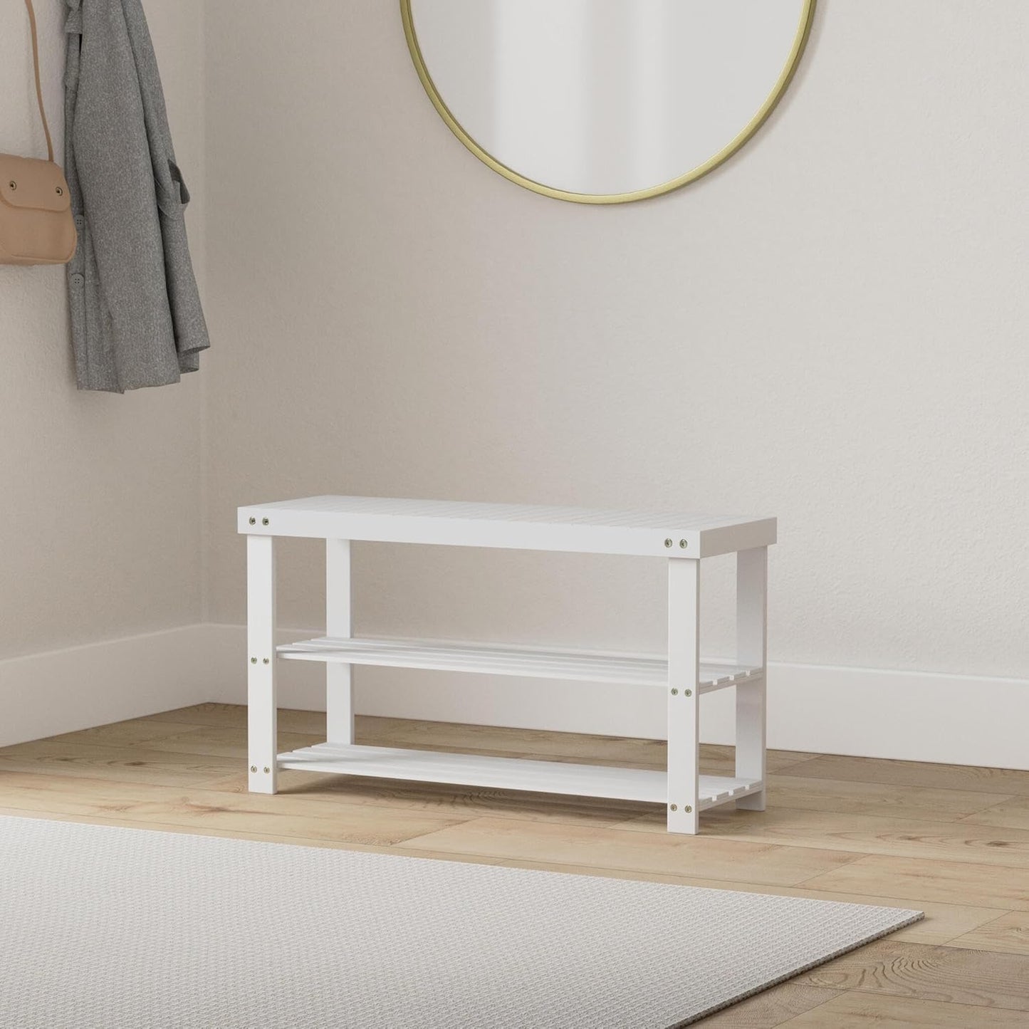 SMIBUY Bamboo Shoe Rack Bench, 3-Tier Shoe Organizer Storage Shelf for Entryway Hallway Bathroom Living Room (White)