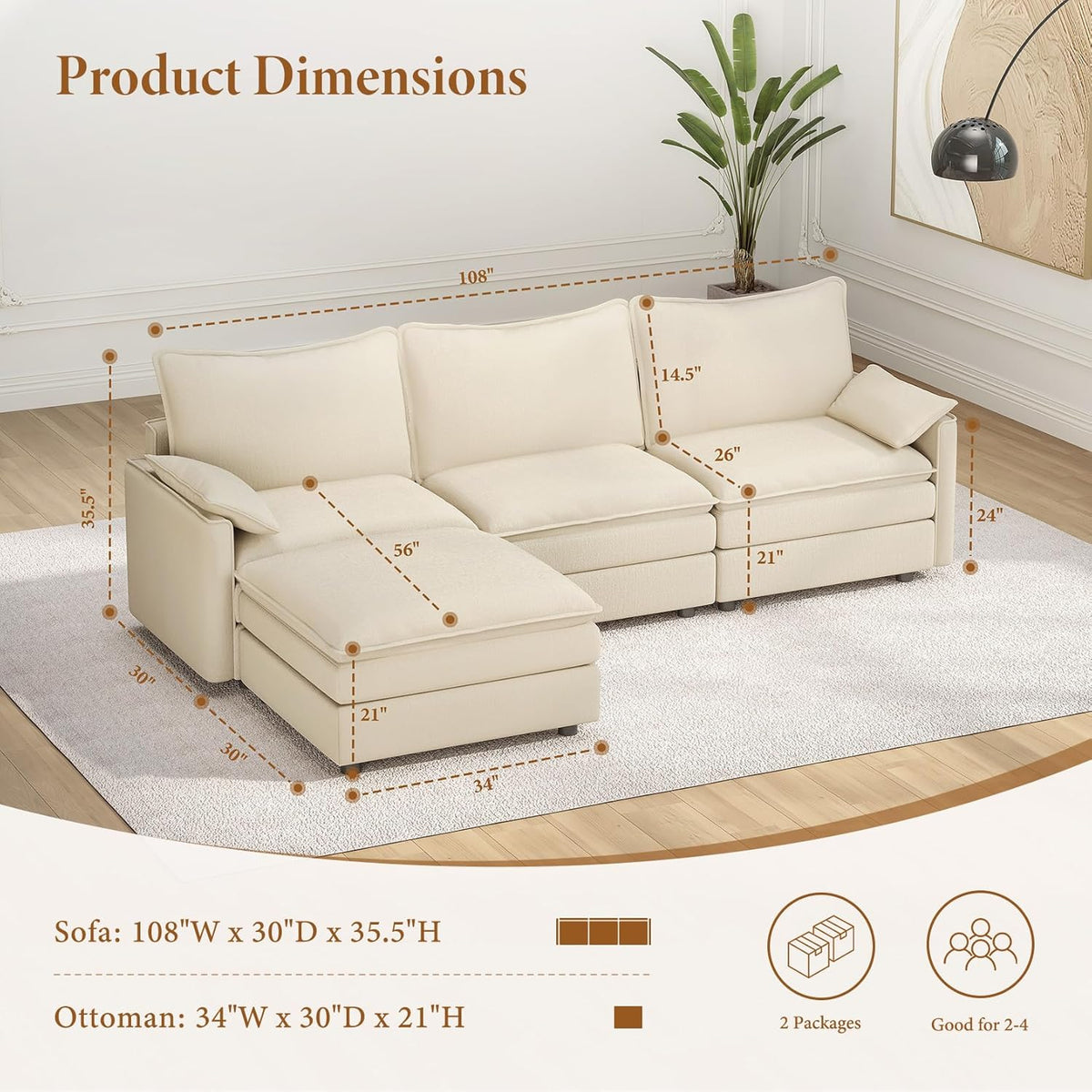 Vesgantti 108" Modular Sectional Sofa, Comfy Cloud Couch with Movable Ottoman Deep Seat Chenille L Shaped Modular Sofa, Sectional Couches for Living Room, Bedroom and Apartment, Beige