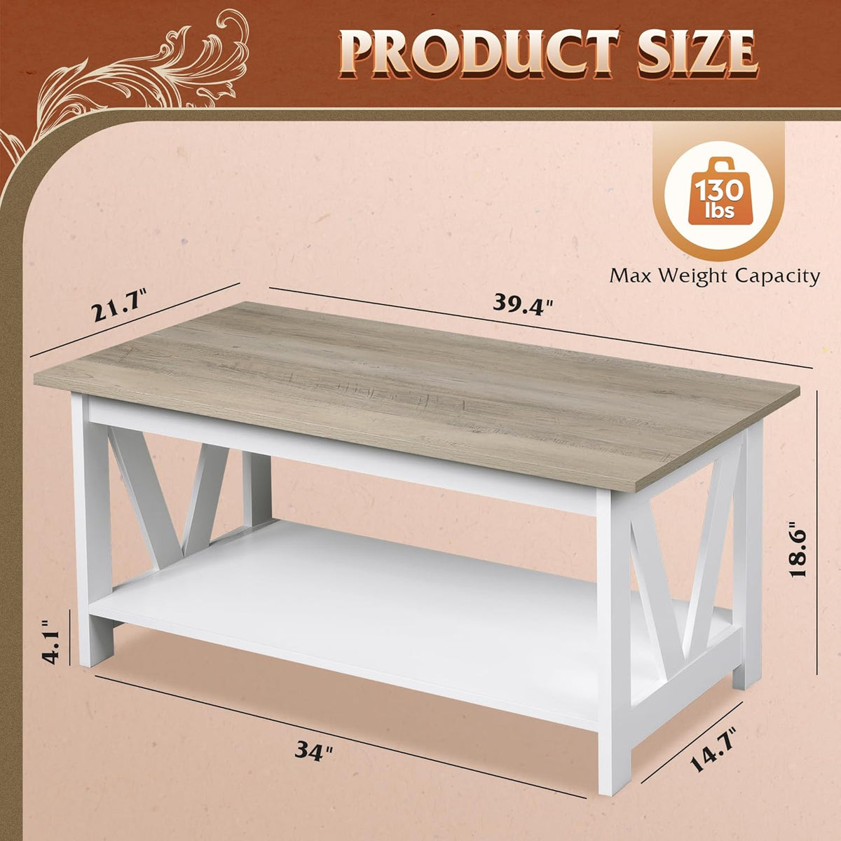 WLIVE Coffee Table with Storage Shelf, 39.4" Farmhouse Coffee Table with V-Frame Support, 2-Tier Wood Rustic Center Table for Living Room, Bedroom & Balcony, Greige & White
