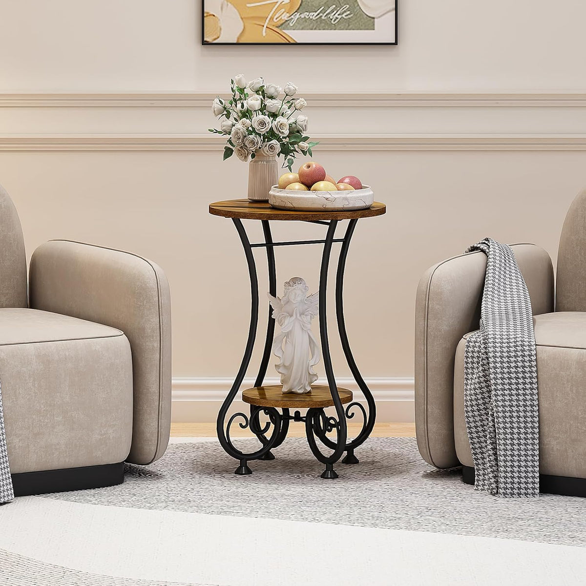 X-cosrack End Table, Round Side Table for Small Spaces, Coffee Tea Table Nightstand Home Decor for Living Room Balcony Bedroom Office,Rustic Brown & Black,15.75" L x 15.75" W x 24.0" H
