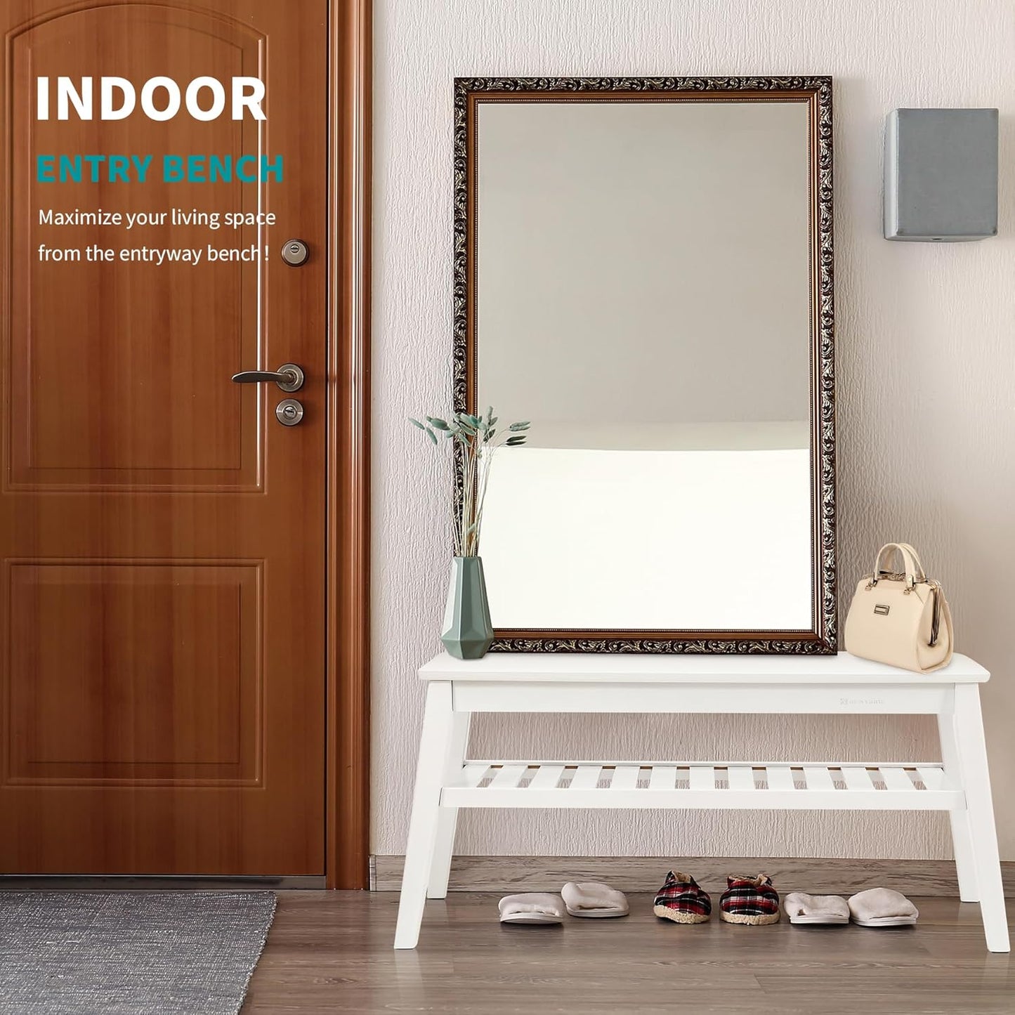 Nnewvante 33.46" Bamboo Dining Bench, 2 Tier Indoor White Storage Bench for Entryway, Outdoor Wooden Bench, Small Wood Benches for Front Porch, Living Room, Bedroom, Holds up to 300 lbs