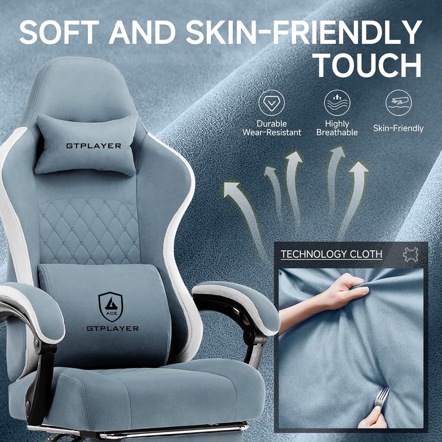 GTPLAYER Office Chair, Gaming Computer Desk Fabric Chair with Footrest, High Back Ergonomic Office Chair with Pocket Spring Lumbar Support and Linkage Armrests Adjustable Height Swivel for Home Task
