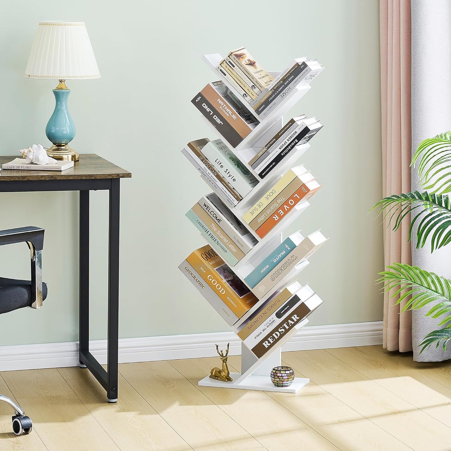 Hoctieon 10 Tier Tree Bookshelf, 10 Shelf Bookcase, Free Standing Tree Bookcase, Display Floor Standing Shelf for Books, Book Organizer Shelves for Home Office, Living Room, Bedroom, White