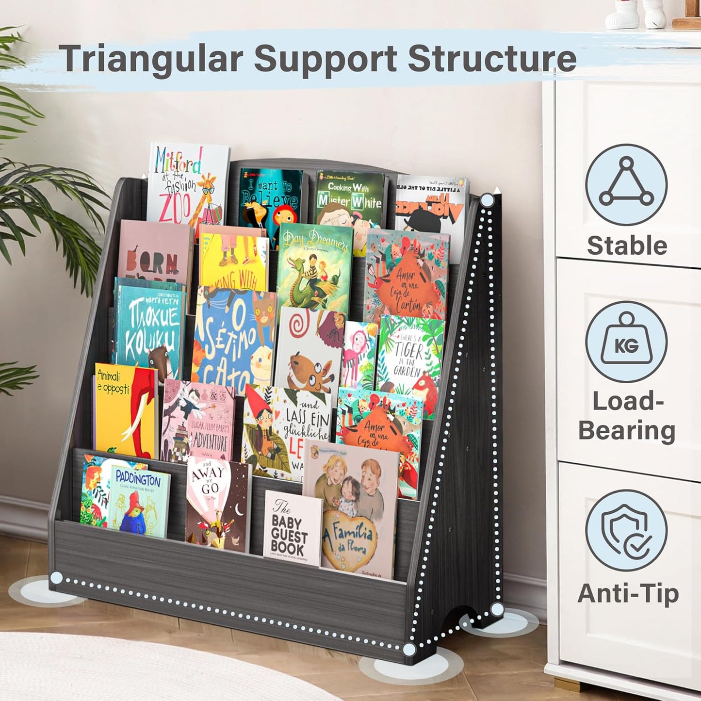 TOETOL 5-Tier Kids Bookshelf - Toddler Book Display Shelves for Classrooms, Playrooms, and Nursery - Wooden Children Book Rack (Gray Wash)