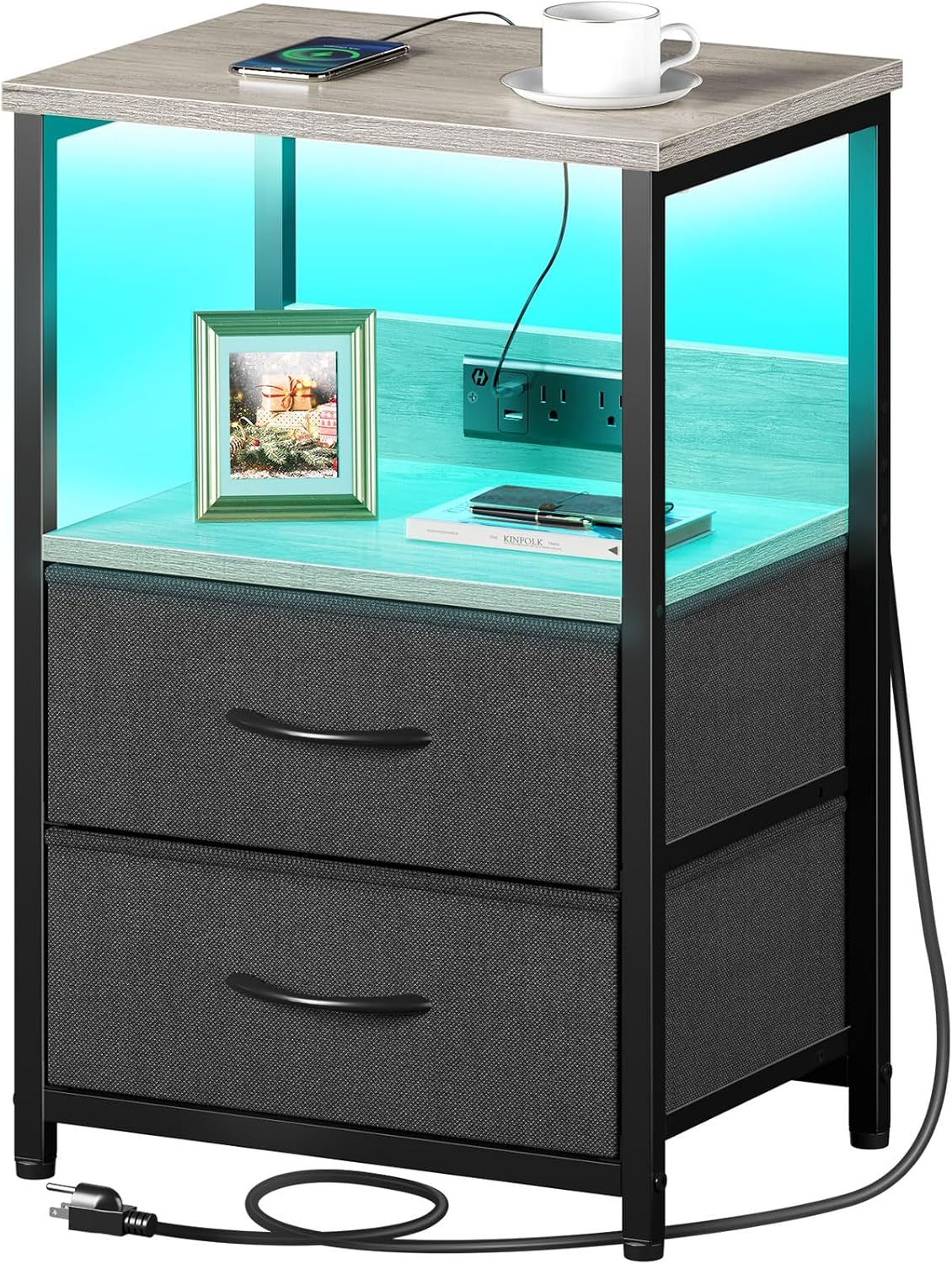 Seventable Nightstand with Charging Station, Bedside Table with LED Lights, Night Stand with 2 Fabric Drawers, 3-Tier Storage End Table for Bedroom, Greige