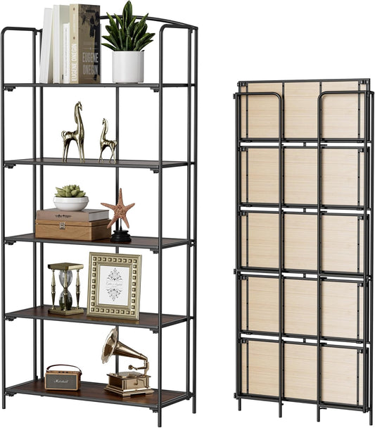 Crofy No Assembly Folding Bookshelf for Living Room, 5 Tier Black Collapsible Book Shelf for Home Office, Portable Bookcase Storage Organizer