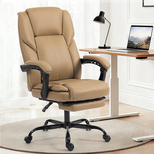 Office Chair with Footrest, Executive Breathable Leather Office Desk Chair with Lumbar Support - Ergonomic Comfy Wide Reclining Swivel Rolling Gaming Computer Chair with Adjustable 90-135° High Back