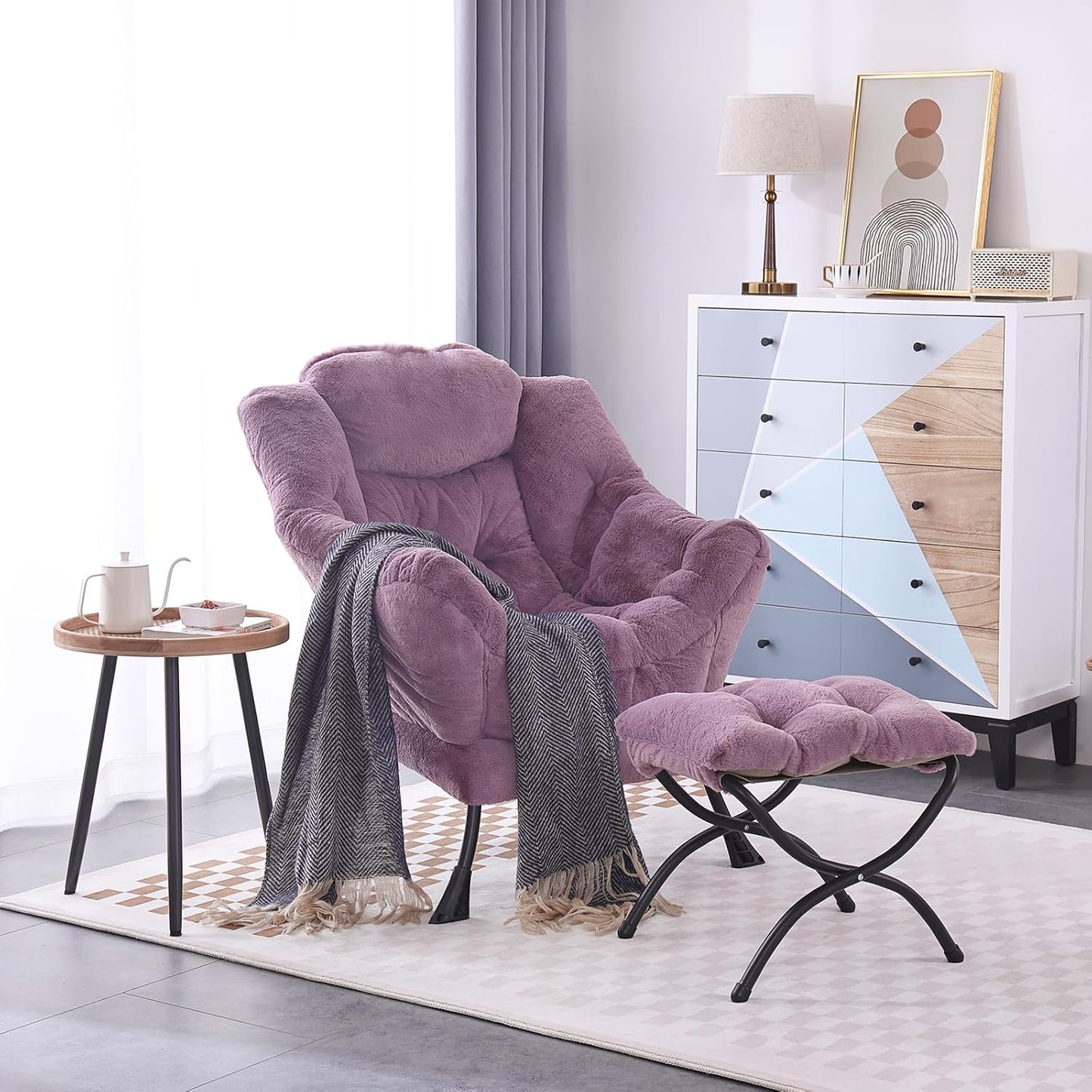 LITA Lazy Chair with Ottoman, Modern Accent Leisure Upholstered Sofa Chair, Lounge Reading Chair with Armrests and a Side Pocket for Living Room, Bedroom & Small Space