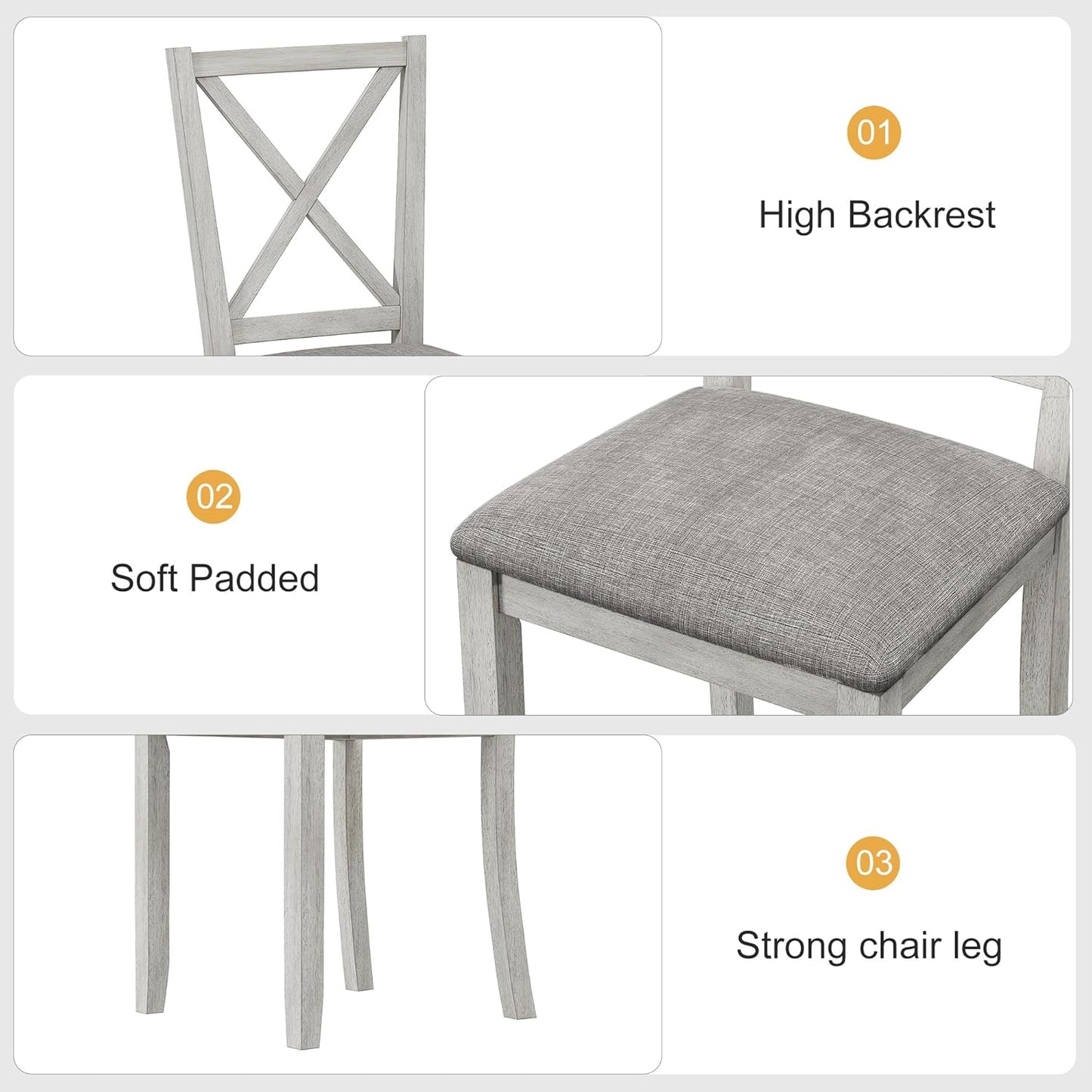 Solid Wood Dining Chairs, Part of Dining Table Set, Mix and Match Table, Chairs Sold Separately for Dining Room, Kitchen, Grey