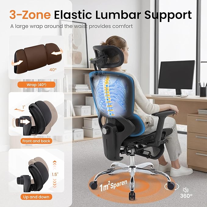 LuxErgo Ergonomic Mesh Office Chair High Back Mesh Computer Executive Desk Chair Home Office Chair with Adjustable Lumbar Support for Office/Gaming/Study, Freely Tilt Lock, Flip-Up Headrest & Armrests