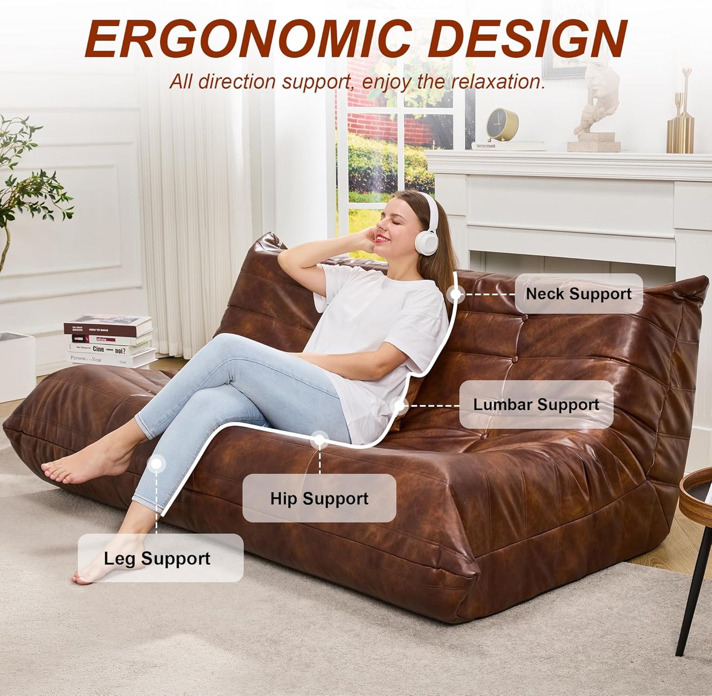 Hobestluk Bean Bag Chair Giant Bean Bag Sofa 3 Seater Bean Bag Chairs for Adults, Loveseat Floor Chair, Leather Bean Bag Chairs for Living Room Bedroom Office (Brown, 3-Seater)