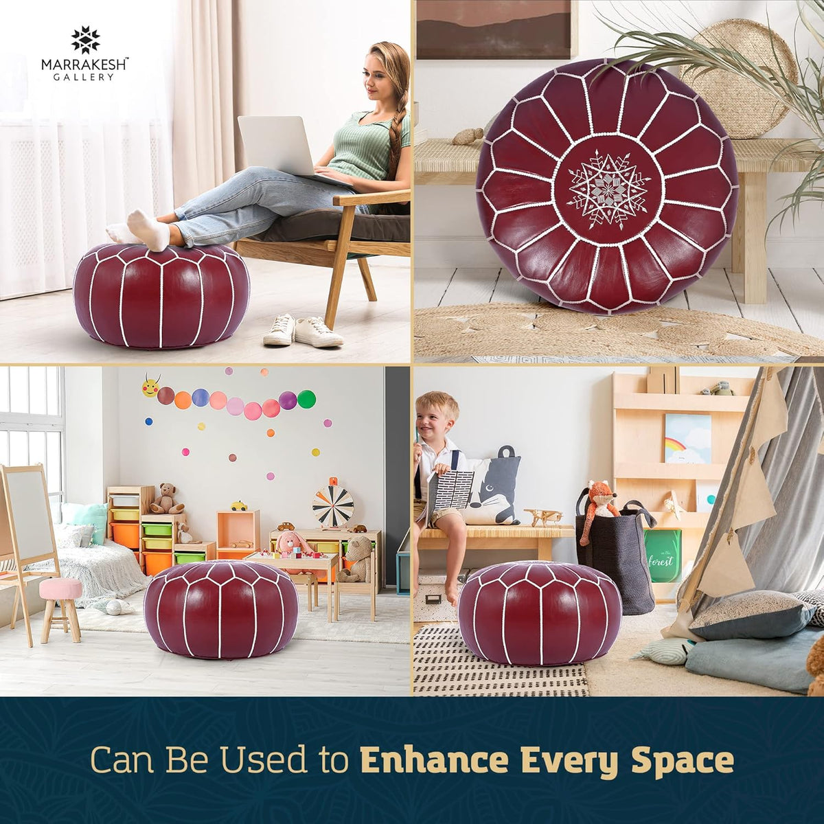 Marrakesh Gallery Genuine Leather Round Pouf Unstuffed - Moroccan Ottoman Footstool, Footrest Cover - Boho Decor - Bohemian Living Room, Bedroom, Kids Room, Gift & Wedding
