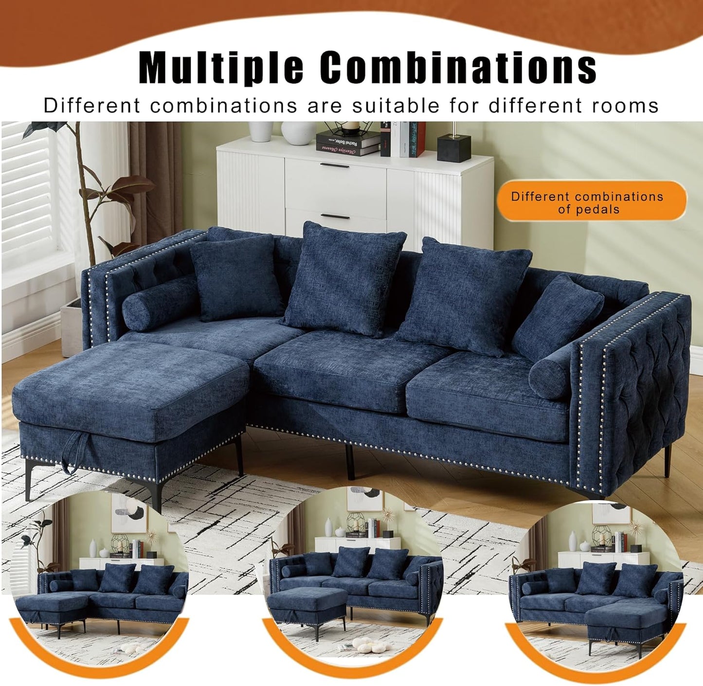 Ball & Cast 85" L Shaped Sectional Sofa with Storage Ottoman, Morden 3 Seater Tufted Couch with Nailhead Trim and Metal Legs for Living Room, Apartment, Office, Blue