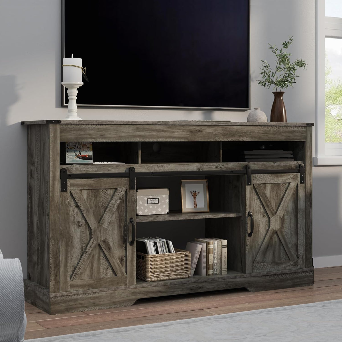 RoyalCraft Farmhouse TV Stand for 23" Electric Fireplace, 34'' Tall Entertainment Center for 65+ Inch TV, 34" Tall Rustic TV Console with Sliding Bar Door for Living Room (Light Grey)