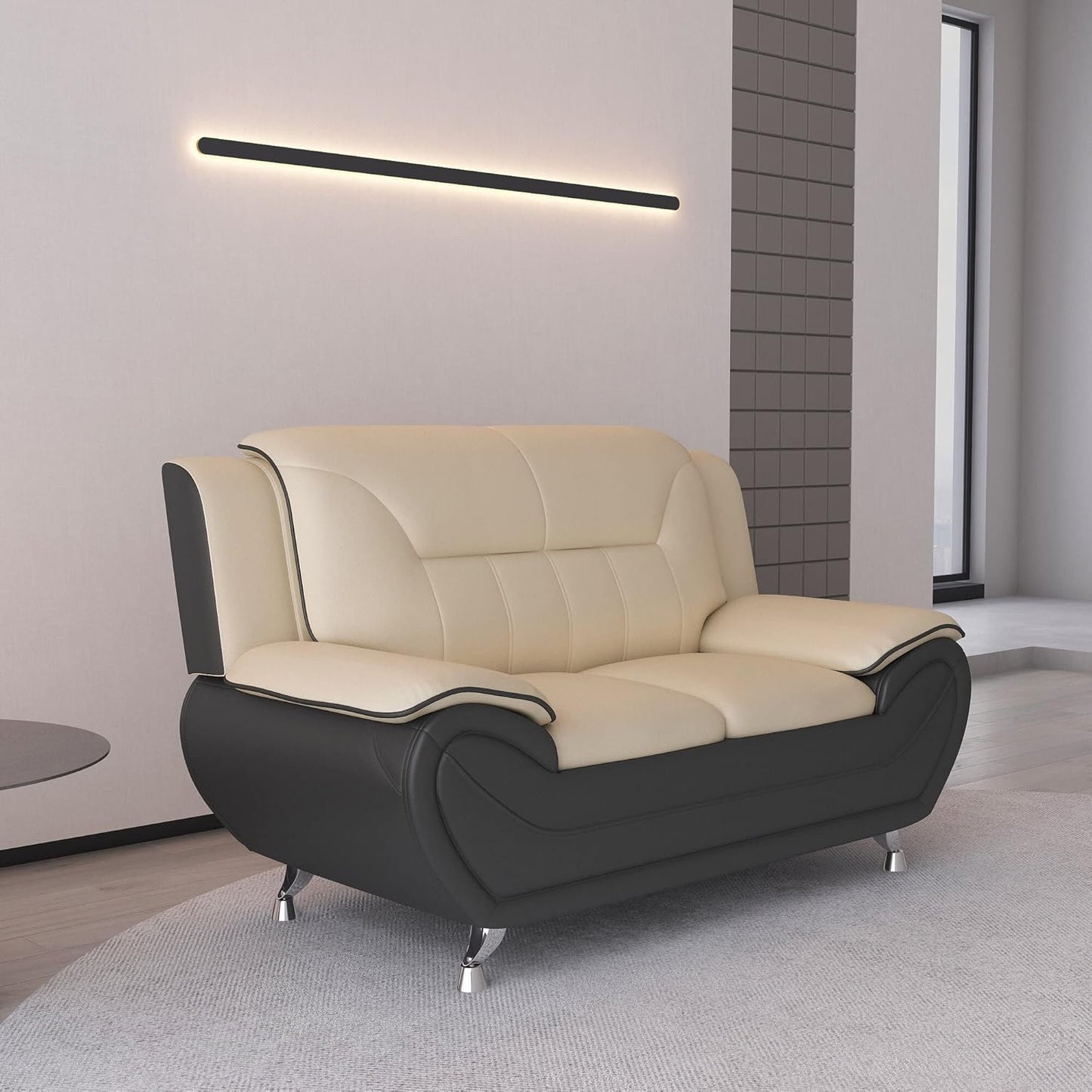 Container Furniture Direct Michael Modern Faux Leather Upholstered Stainless Steel Legs Living Room Sofa, Loveseat, Black Camel