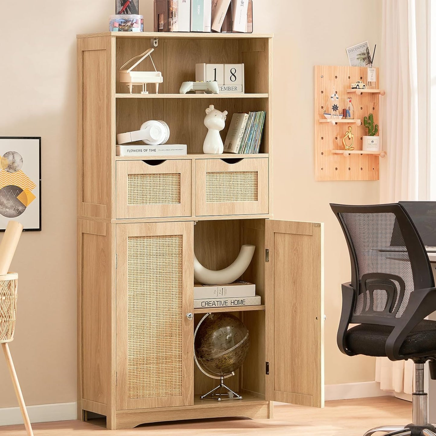 Iwell Tall Storage Cabinet, Rattan Cabinet with 2 Drawers & Adjustable Shelf, Kitchen Pantry Storage Cabient, Entryway Cabinet for Living Room, Dining Room, Home Office, Natural