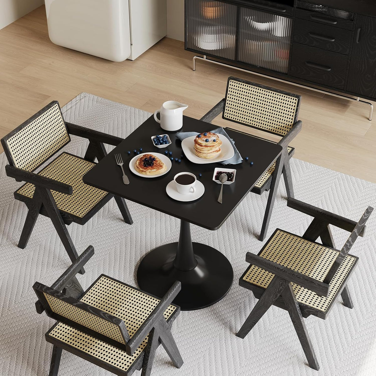 24" Black Small Dining Table for 2 or 4, Small Square Tulip Table for Kitchen, Round Corner Wood Bistro Table, Mid Century Modern Tables with Sturdy Pedestal for Living Room, Cafe, Office, Pub, Bar