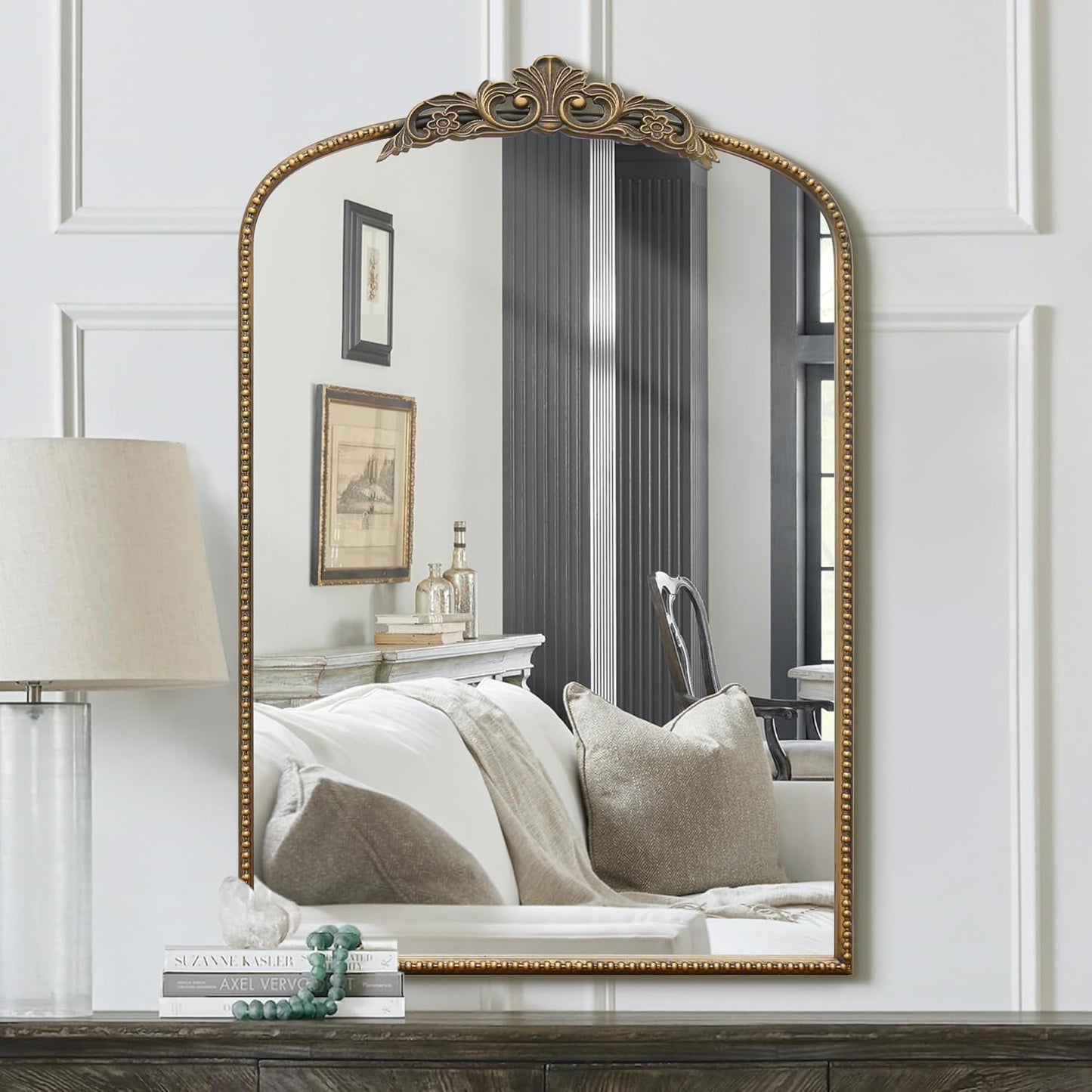 Micasso Antique Gold Ornate Mirror, 24 x 36 Inches Arched Baroque Style Mantel Wall Mirror for Bathroom, Vanity, Living Room