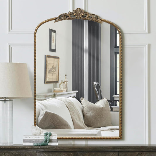 Micasso Antique Gold Ornate Mirror, 24 x 36 Inches Arched Baroque Style Mantel Wall Mirror for Bathroom, Vanity, Living Room