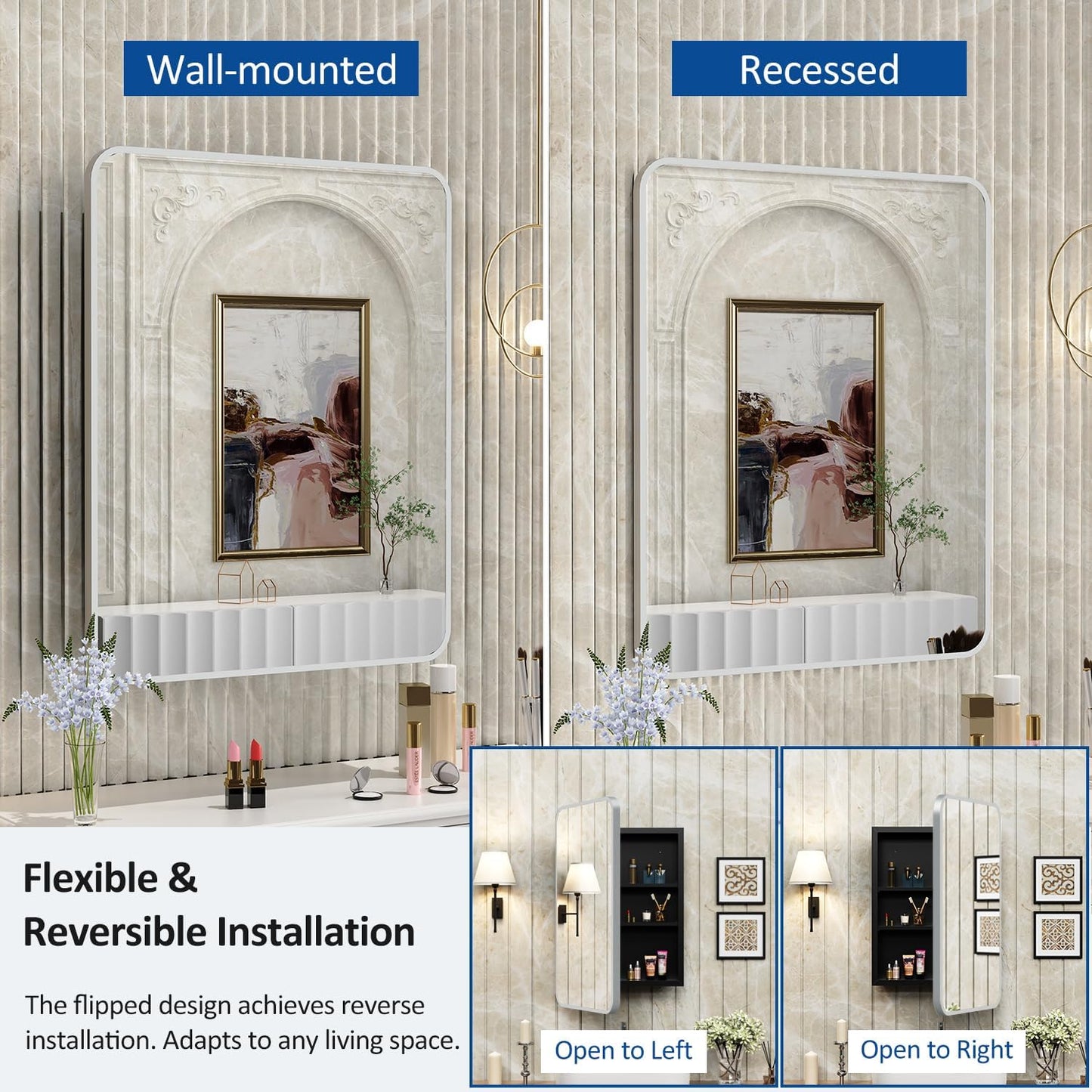 24x30 Inch Bathroom Medicine Cabinet with Mirror Metal Framed Recessed or Wall Mounted Mirrored Medicine Cabinets for Bathroom Brushed Silver