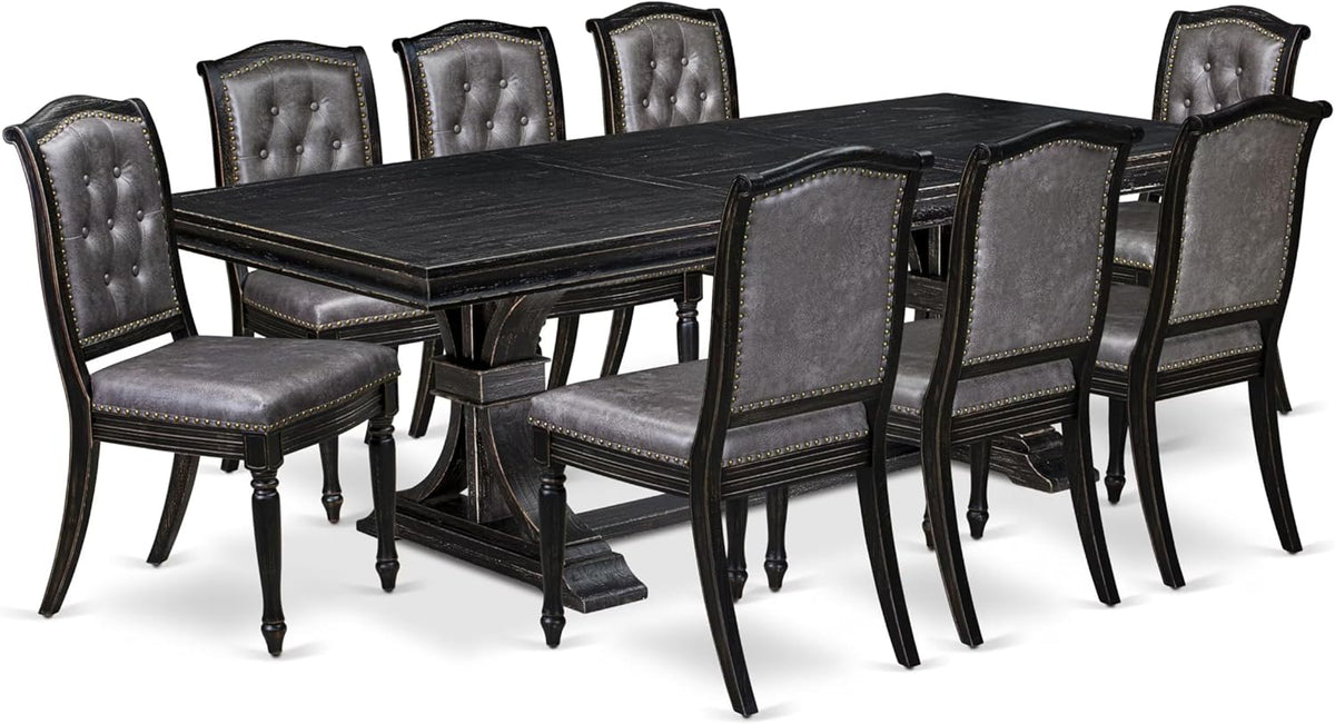 LEMA9-SBB-34, 9-pc Dining Table Set Consists of a Dining Table and 8 Dark Grey Polyester Fabric Modern Dining Chairs with Button Tufted Back, Sand Blasting Black Finish