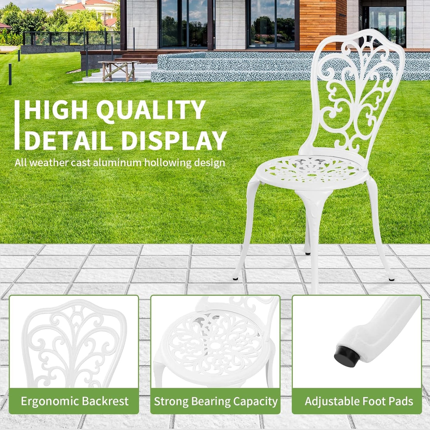Bistro Set 3 Piece Outdoor Cast Aluminum Patio Bistro Set with Umbrella Hole, All Weather Bistro Table and Chairs Set, Small Patio Furniture Set for Garden, Porch,White