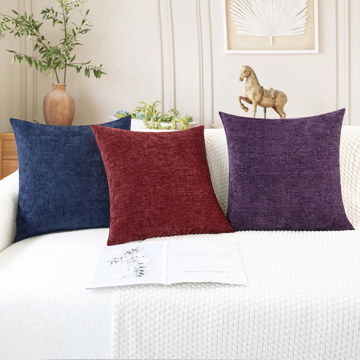 CaliTime Throw Pillow Covers Decorative 18 X 18 Inches Pack of 4 Cozy Chenille Cushion Cases for Couch Sofa Bed Living Room Home Burgundy