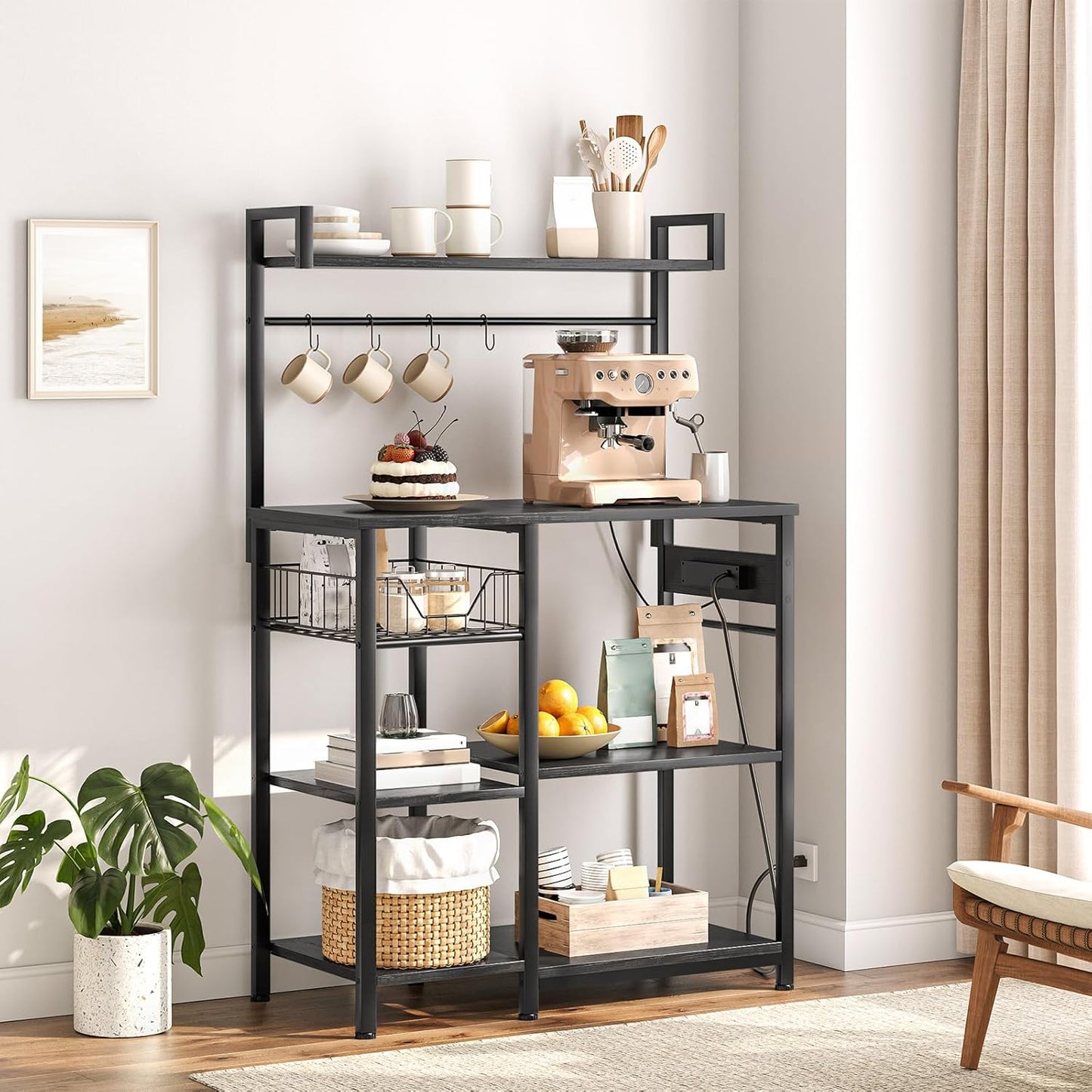 HOOBRO Kitchen Bakers Rack with Power Outlet, Coffee Bar, Microwave Oven Stand with Mesh Basket, Coffee Station with 4 S-Shaped Hook, Kitchen Shelf, for Dining Room, Living Room, Black BB05HB01