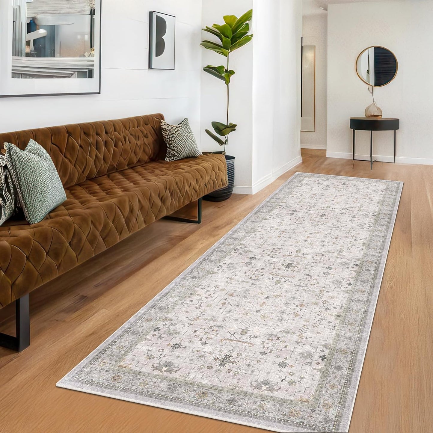 Boho 3x16 Wide Hallway Runner - Light Gray and Taupe, Washable Low Pile Non Slip Stain Resistant 16ft Runner Rug for Long Kitchen, Hall Way, Floral Decor