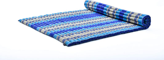 Leewadee - Foldable Floor Mattress - Japanese Roll Up Futon -Trifold Tatami Mat- Guest Floor Bed - Camping Mattress - Thai Massage Mat, Kapok Filled, 75 x 57 inches, Blue