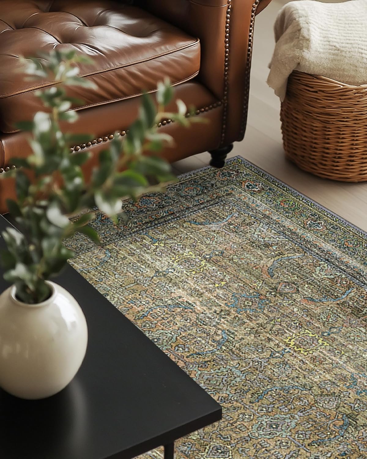 10X12 Area Rugs Machine Washable Rugs for Living Room, Vintage Boho Large Rugs for Bedroom Dining Room, Non Slip Indoor Soft Distressed Lightweight Thin Low Pile Carpet, Vintage Sunset