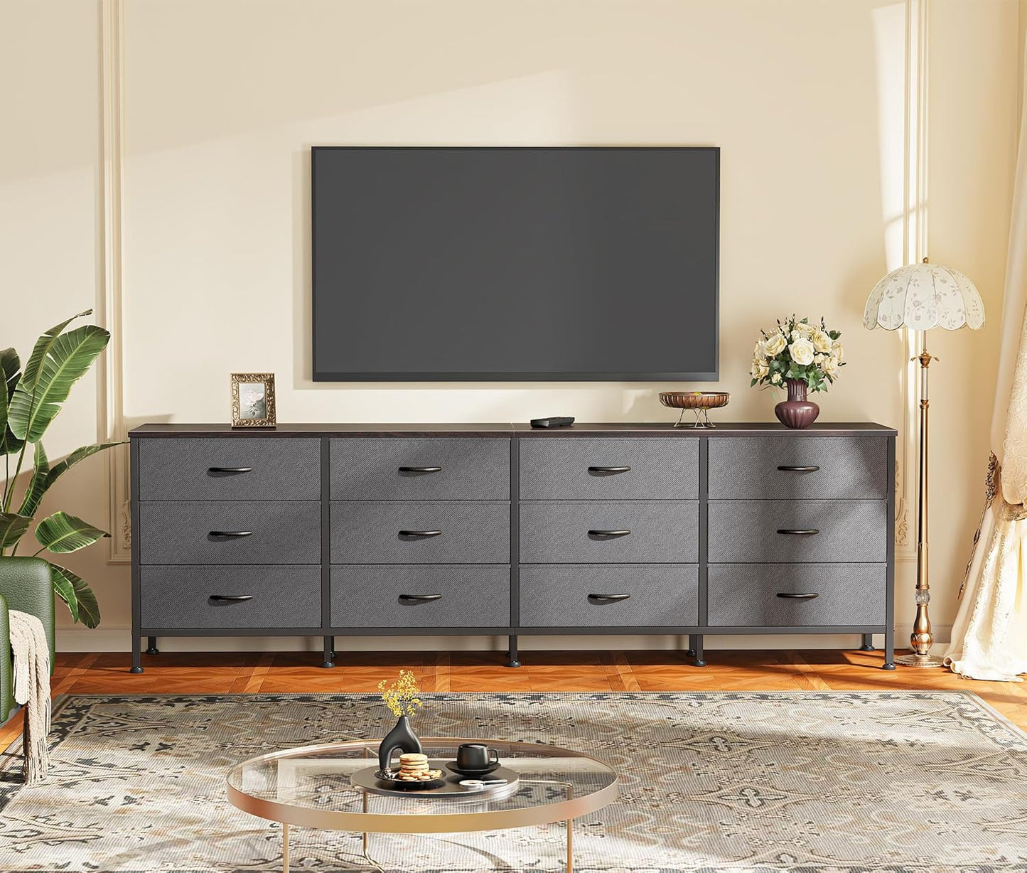 Huuger 70 Inch Dresser for Bedroom, TV Stand for 65, 75, 80 Inch TV, 12 Drawer Long Dresser, Large Storage Organizer Unit, Wide Chest of Drawer with Storage, Fabric Drawer for Living Room, Dark Grey