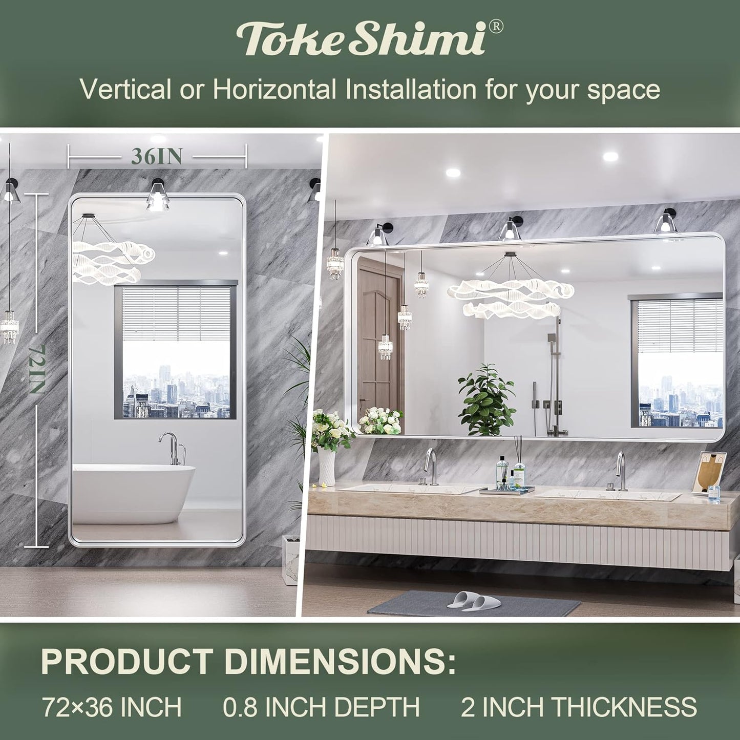 TokeShimi 72 x 36 Inch Brushed Silver Mirror Wall Mirror for Bathroom Black Metal Frame Decorative Rectangular Wall Mounted Home Decor Corner Hangs (Horizontal/Vertical)