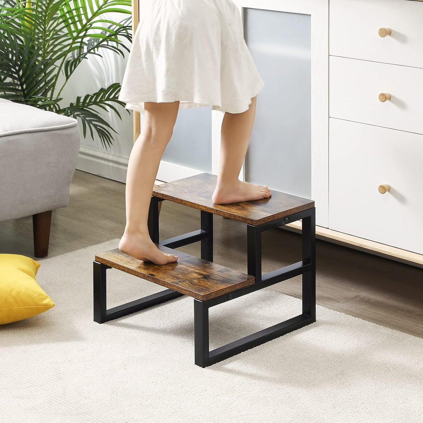 IBUYKE 2-Step Wooden Step Stools for Adults Kids, Heavy Duty Bedside Step Stool with 500 Lbs Capacity, Non-Slip Stepping Foot Stool for Bedroom Livingroom Bathroom Kitchen, Rustic Brown TBD002H