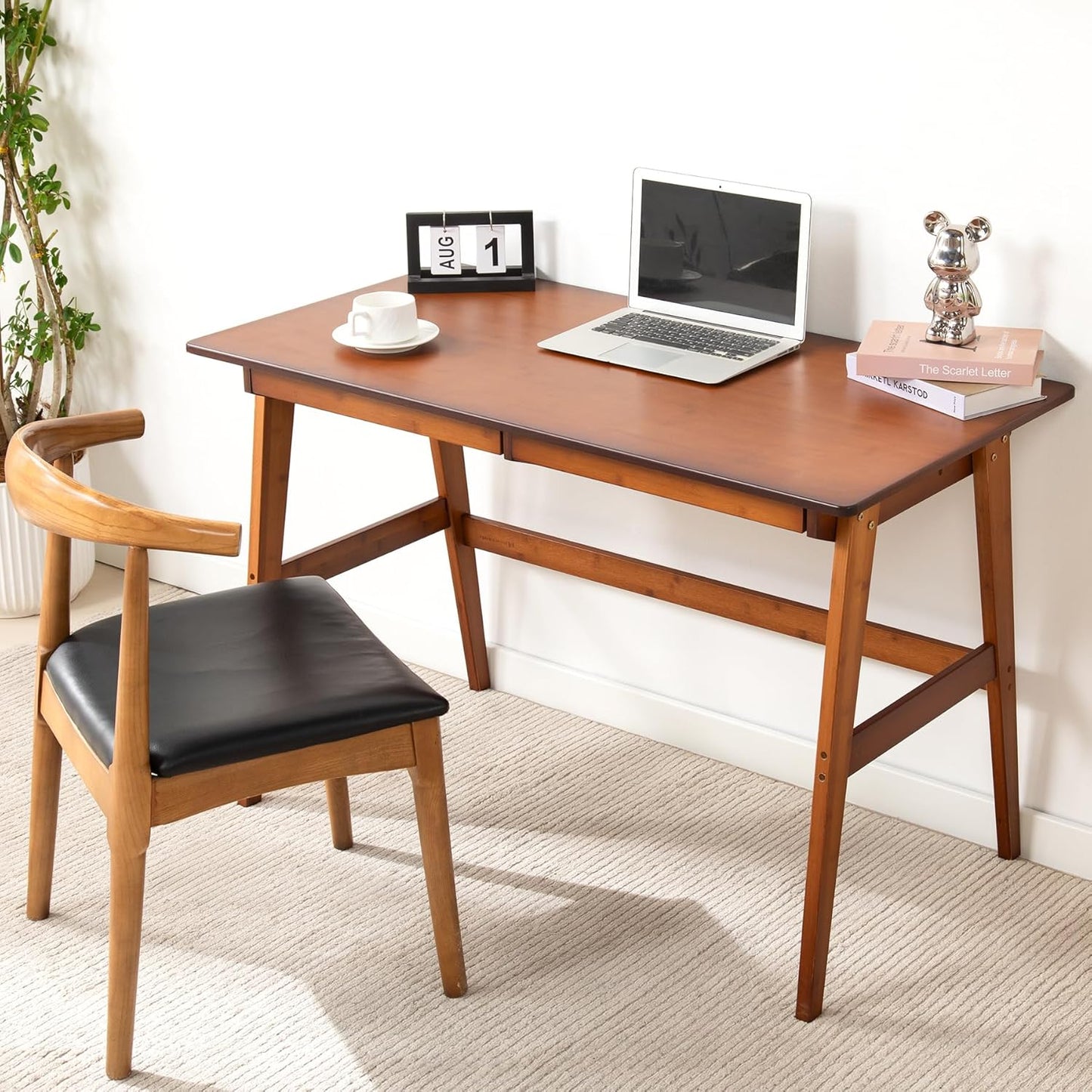 Nnewvante Desk, Bamboo Table with 2 Drawers, Simple Modern Furniture for Home, Office, Computer, Writing, Study, Makeup & Workstation (46''-Brown)