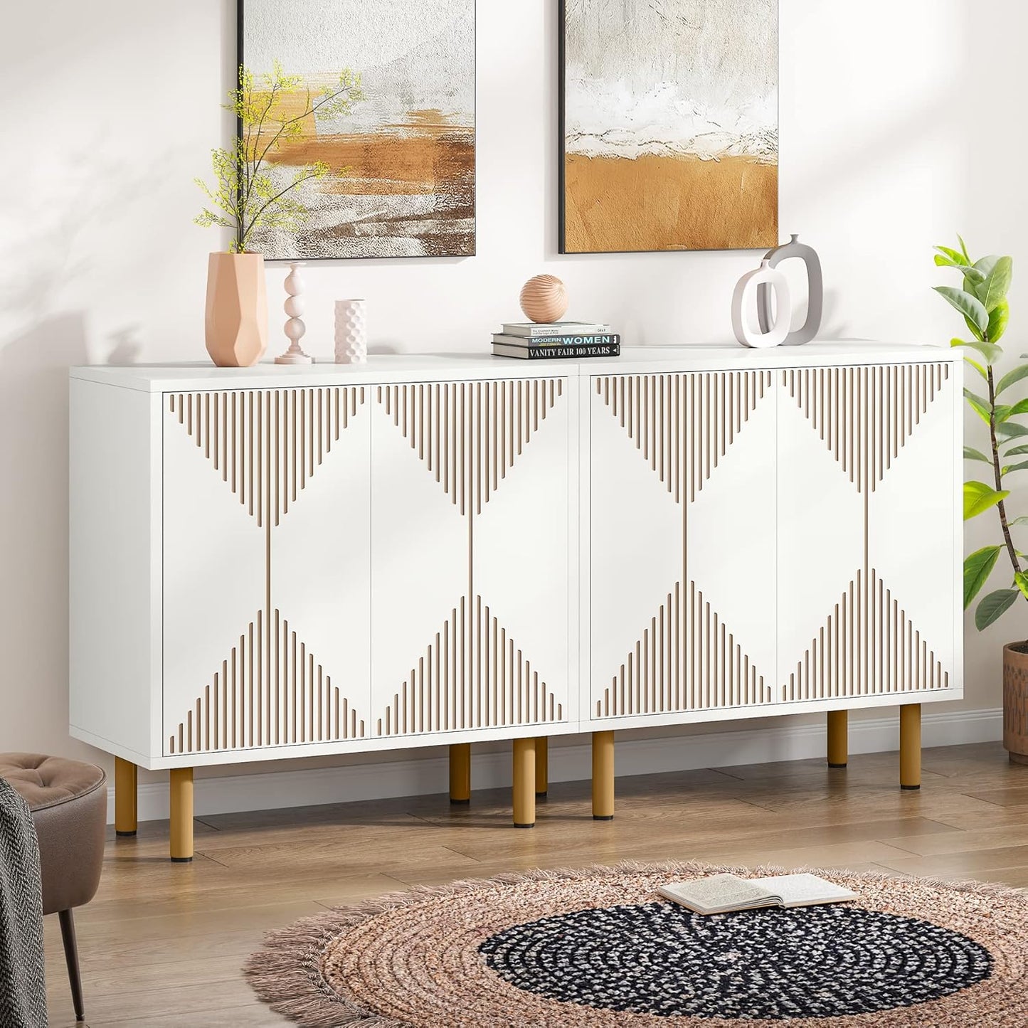LITTLE TREE White Sideboard Buffet Cabinet, Modern Sideboard Cabinet with 4 Doors, Cupboard Console Table