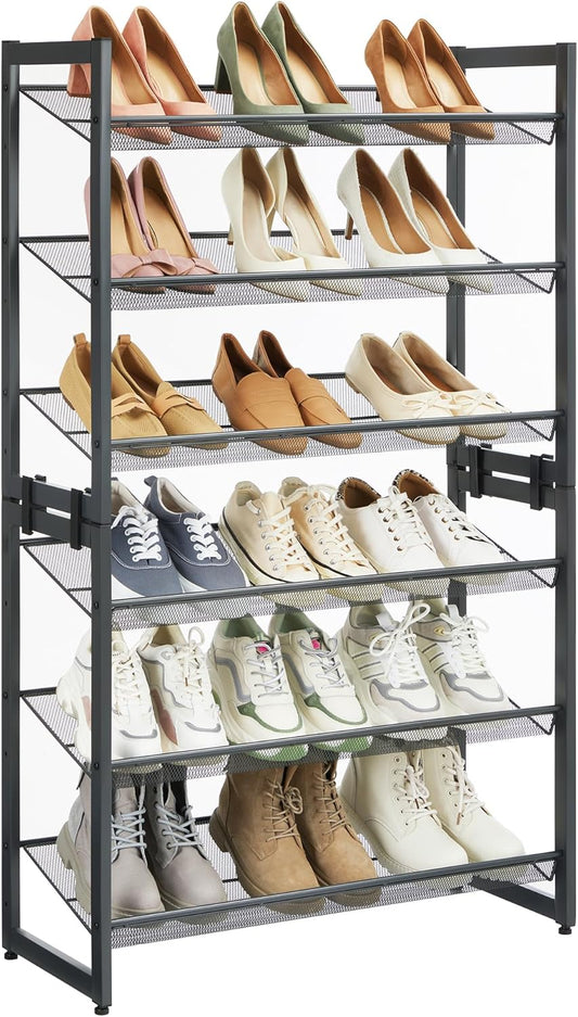 SONGMICS Shoe Rack, 6-Tier Shoe Organizer, Metal Rack for Garage, Set of 2, 3-Tier Stackable Shelf, with Adjustable Flat or Angled Shelves, 18-24 Pairs, Charcoal Gray ULMR003G02
