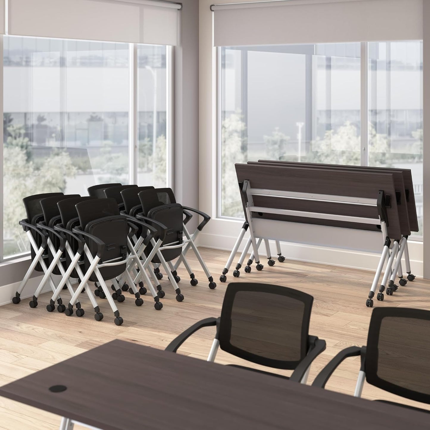 Bush Business Furniture Folding Training Table Set for 2, 60 inch Desk with Powered Grommets and 2 Chairs with Arms, Commercial-Grade Bundle for Office or Classroom, Envision Collection, Gray