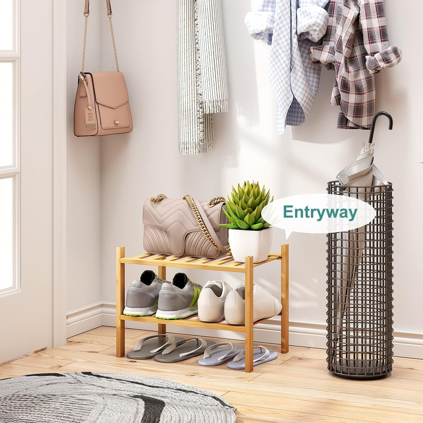 Small Shoe Rack, 2-Tier Shoe Rack for Entryway, Bamboo Wood Shoe Shelf for Closet & Hallway, Long 17.2IN | Beautiful | Functional | Sturdy | Durable