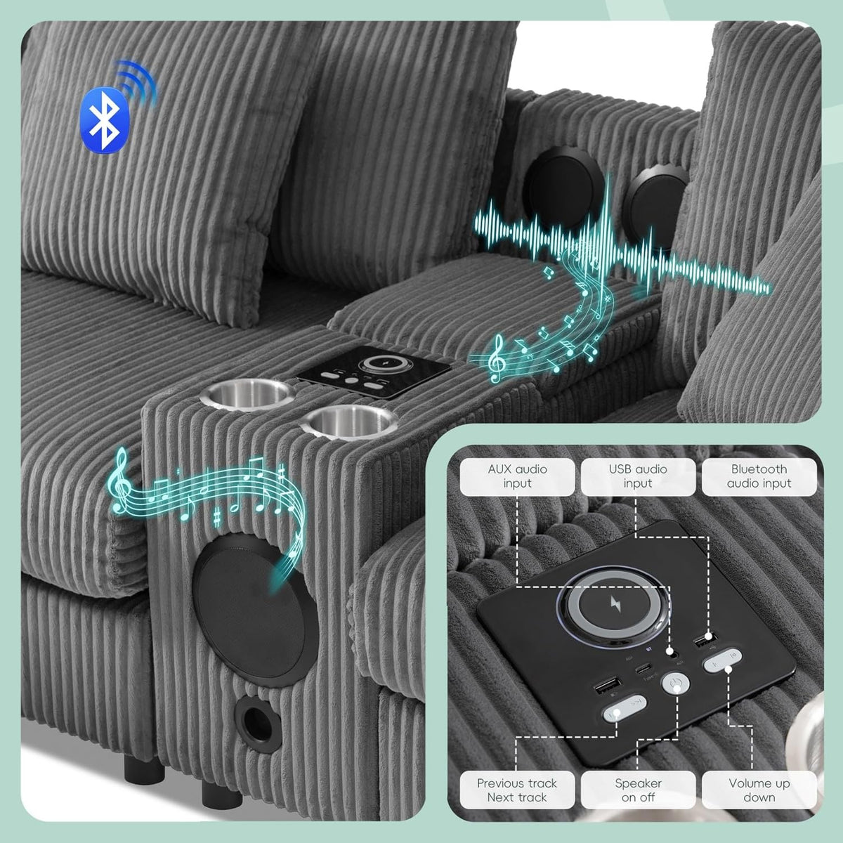 Merax 114 * 64" Corduroy Sectional Couches with Bluetooth Speakers, Storage, Ottoman & Pillows, Upholstered Modular Sofa Chaise with Console, USB Charger, Cup Holders for Living Room Apartment, Grey