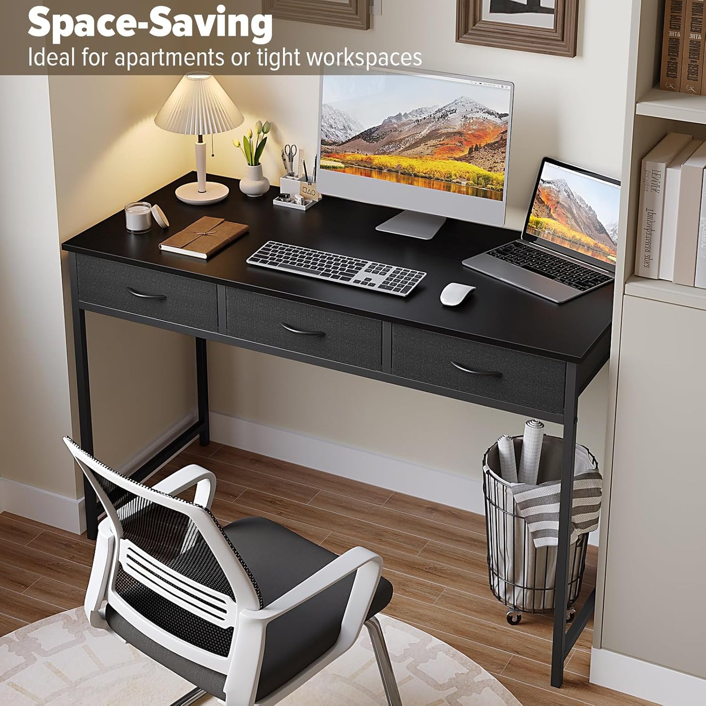 WOHOMO Computer Desk with 3 Drawers, 47.2 Inch Bedroom Desk with Storage, Home Office Desk for Room Spaces, Modern Work Writing Study Tables, Black