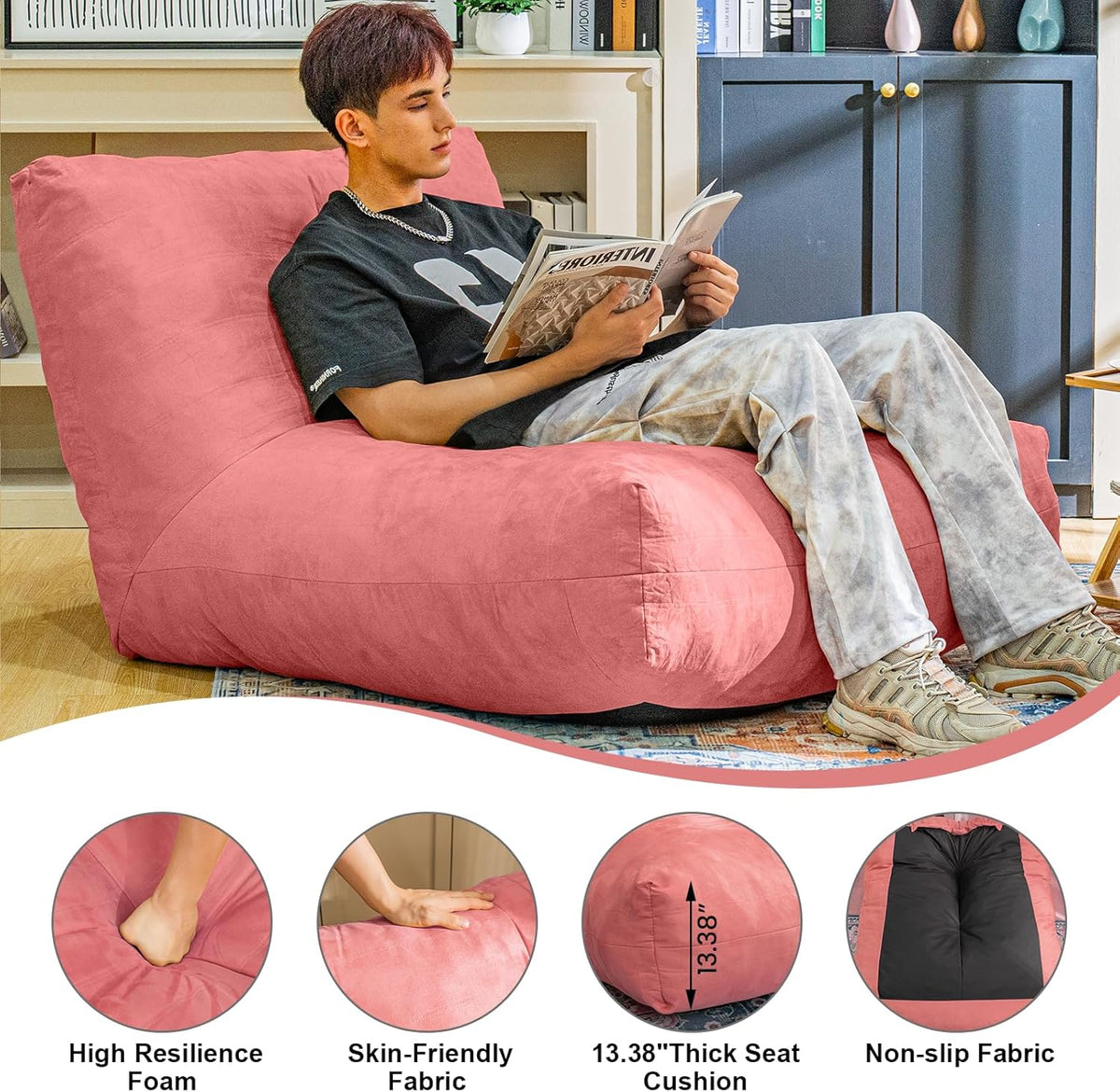 Bean Bag Chair Lazy Bean Bag Sofa, Floor Beanbag Chairs with Stuffed High-Density Foam, Memory Foam Bean Bag Sofa for Living Room, Bedroom and Office