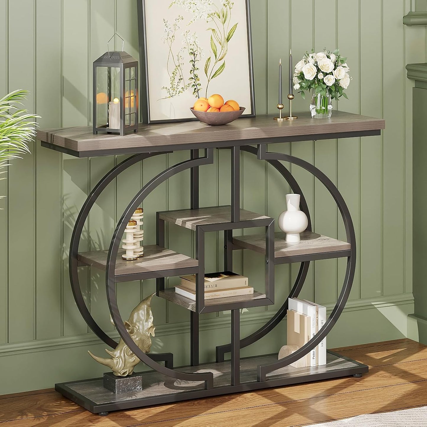 GiftGo Narrow Console Table for Entryway Industrial 4-Tier Sofa Table Behind Couch with Circle Base Rustic Wooden Accent Tables with Storage Shelves for Living Room, Hallway, Foyer (Grey)
