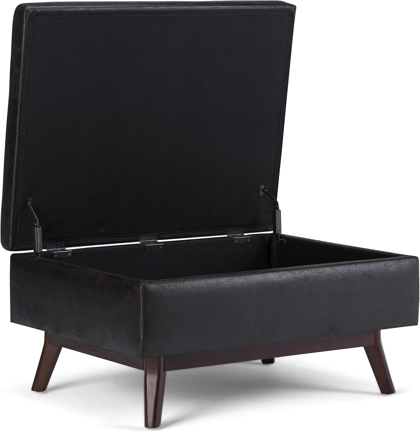 SIMPLIHOME Owen 34 inch Wide Mid Century Modern Rectangle Coffee Table Storage Ottoman in Distressed Black Vegan Faux Leather, Assembled, for the Living Room, Entryway and Family Room