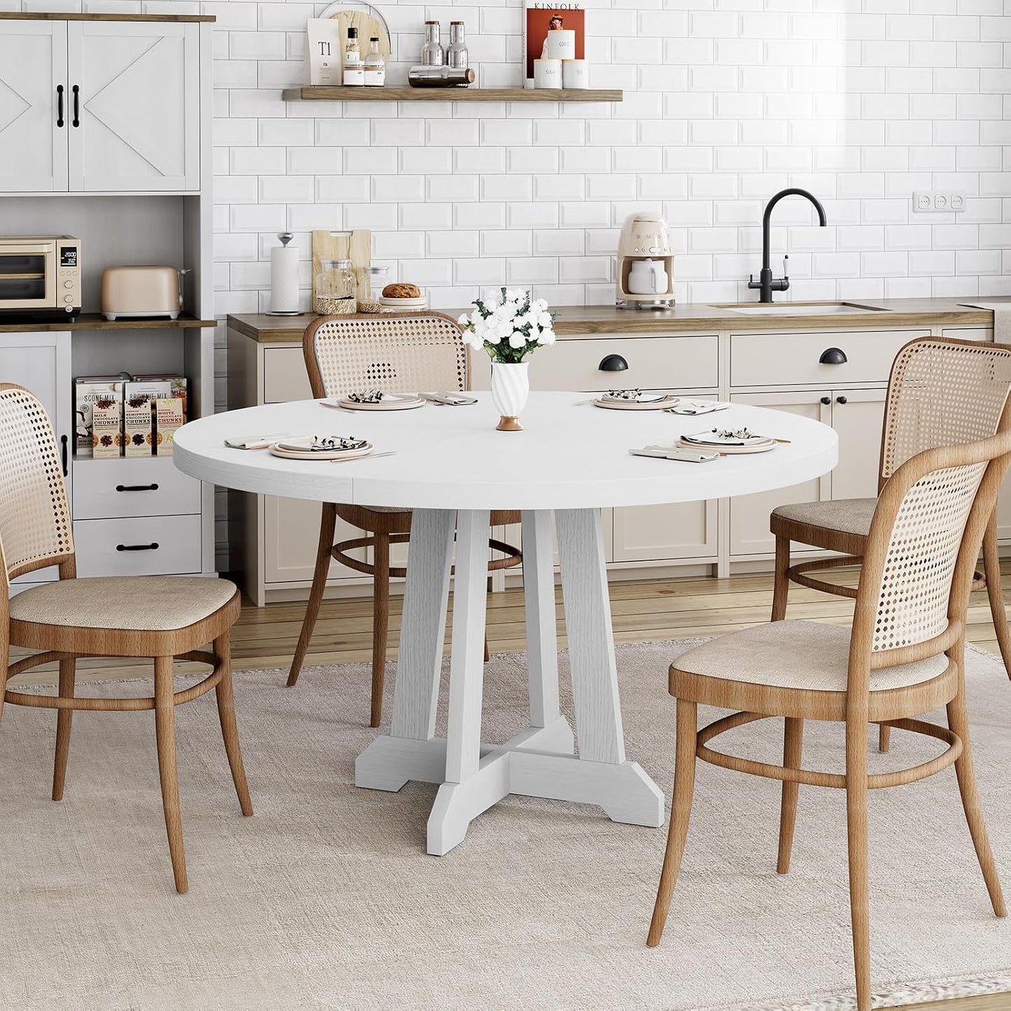 GarveeHome Round Dining Table for 4,Kitchen Dining Room Circle Dinner Pedestal Table,Space Saving Wood Kitchen & Dining Room Furniture,White 47-inch Diameter