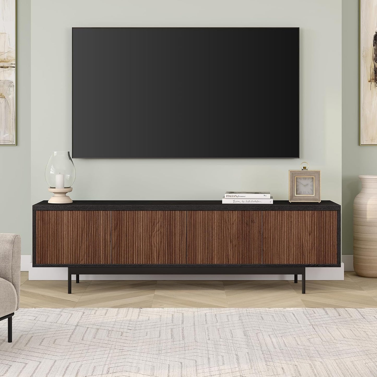 Henn&Hart Rectangular TV Stand for TV's up to 75" in Natural Black/Medium Walnut, for Home, Living Room, Bedroom, Entertainment Room, Office
