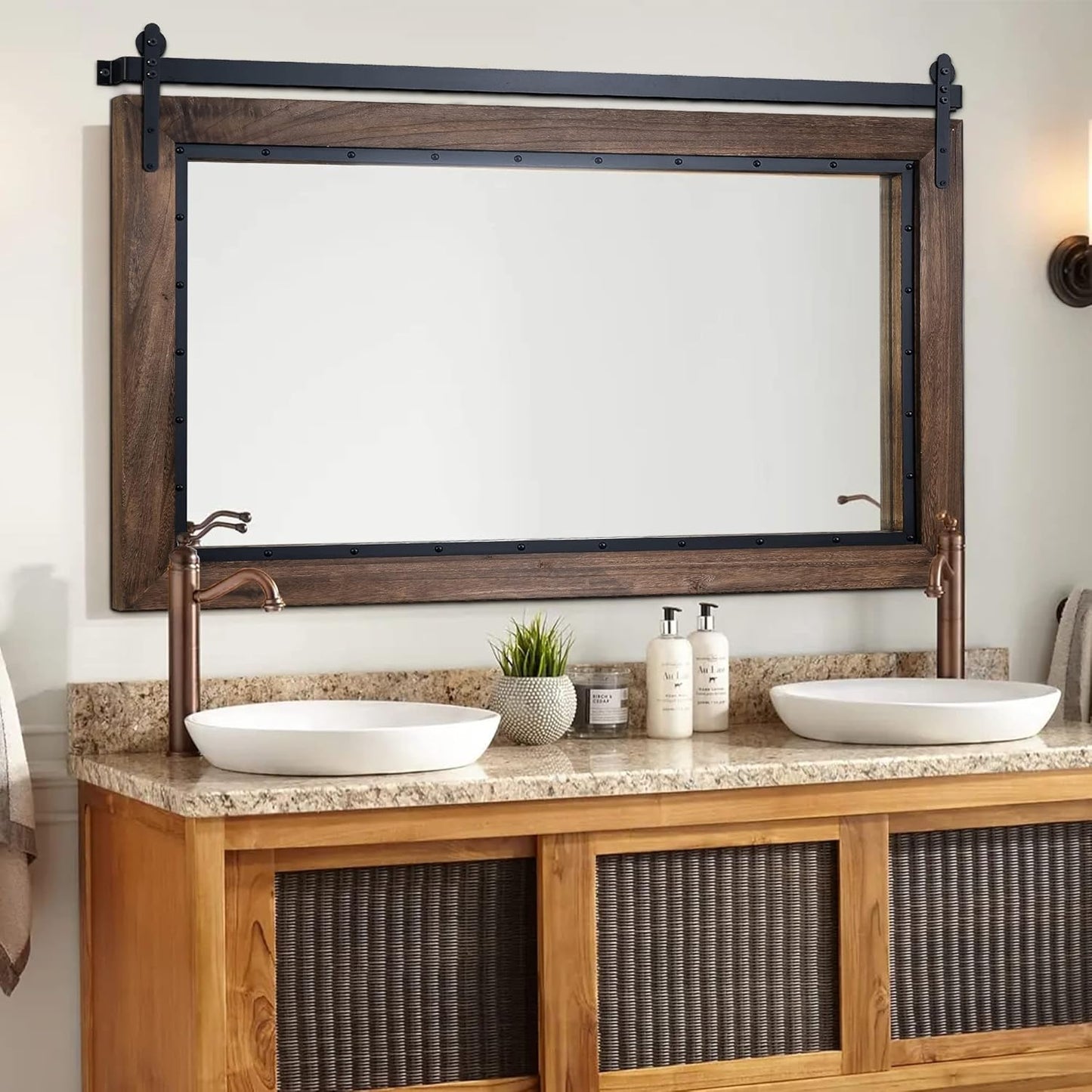 YOSHOOT Farmhouse Barn Door Mirror, 40"x26" Rustic Bathroom Mirror, Wood Frame Wall Mirror, Wooden Mirror for Living Room Bedroom Entryway Wall Décor, Horizontal Hanging ONLY